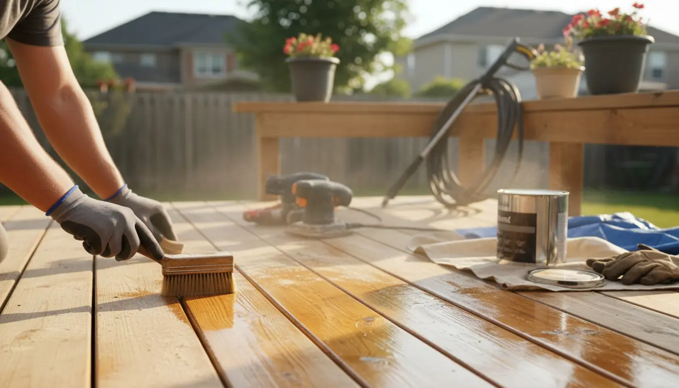 Nærbillede af påføring af træolie på nyslebent trykimprægneret terrasse med slibemaskiner og højtryksrenser i baggrunden.