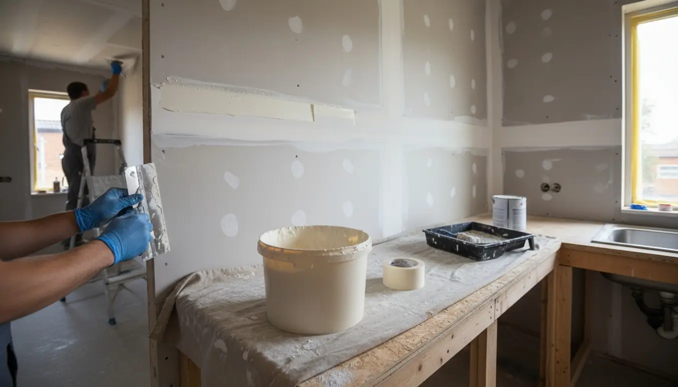 Lille køkken under renovering med hænder, der spartler gipsvægge og loft og værktøj på et afdækket bord.