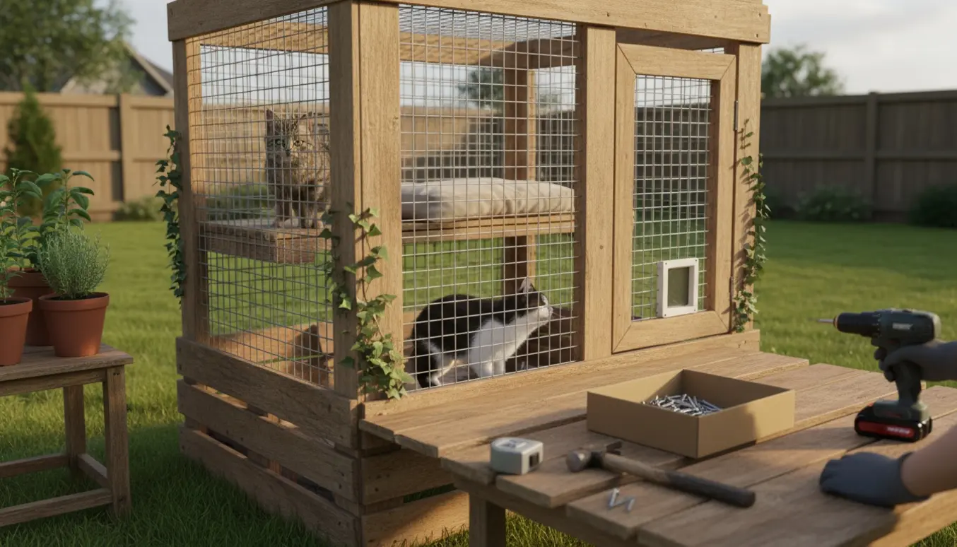 Voliere af genbrugstræ under opbygning i haven med værktøj og to nysgerrige katte, ingen ansigter synlige.