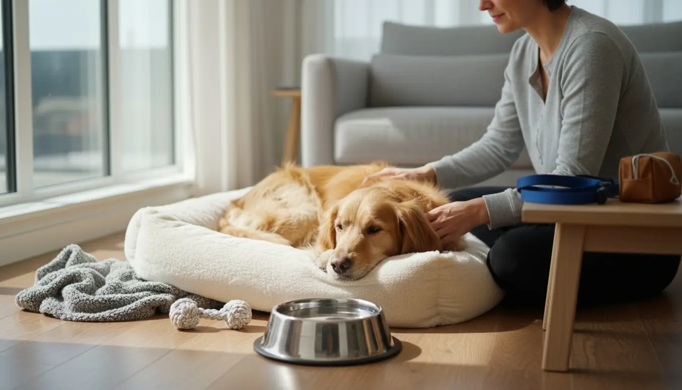 En hundepasser sidder i en lys stue og nusser en 12 måneder gammel hund med vandskål, legetøj og snor lagt til side.