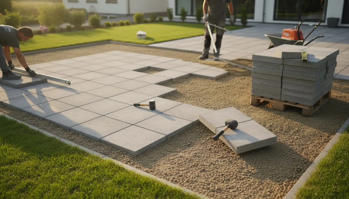 Halvfærdigt belægningsarbejde med store kvadratiske betonfliser, stabilgrus, sand og værktøj i varmt dagslys.