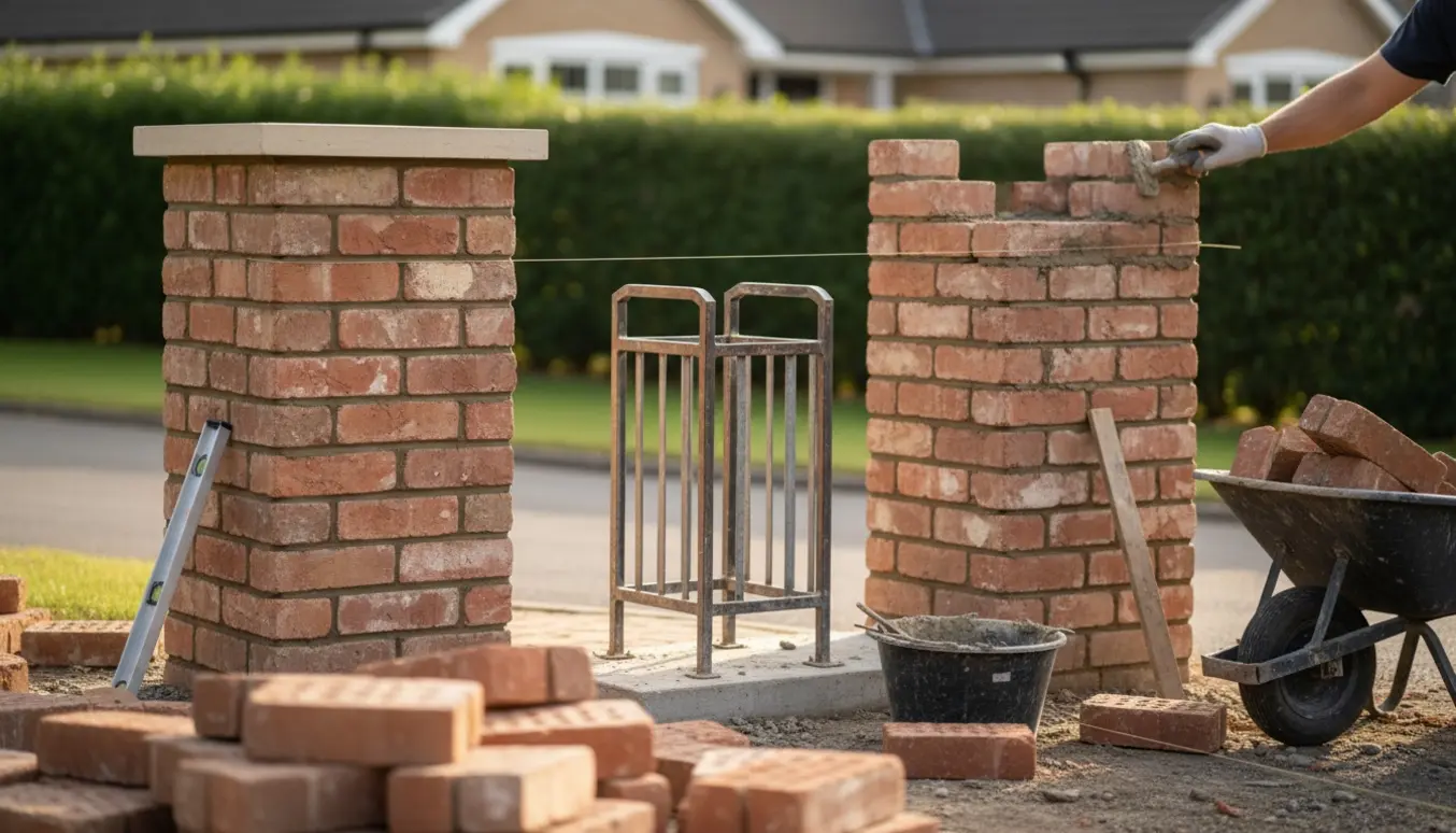 To murede søjler under opbygning ved indkørsel med et metalstativ til skraldespand og byggematerialer.