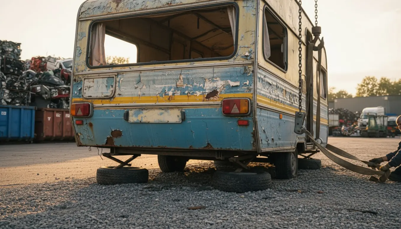 En campingvogn med punkterede dæk og fjernet nummerplade fastgøres med stropper til bugsering på en skrotplads.