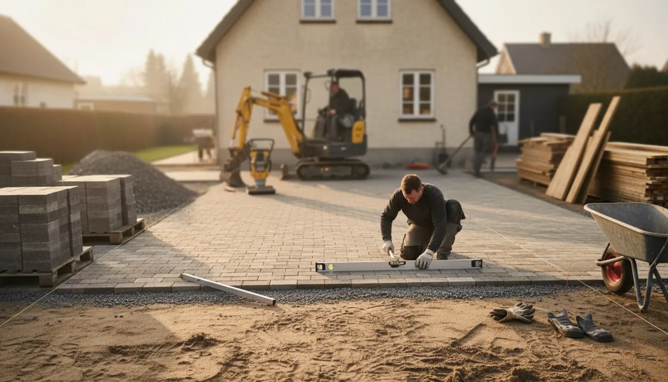 Professionelle lægger fliser til ny indkørsel og arealer omkring hus med gravemaskine, paller med fliser og afrettet sand.
