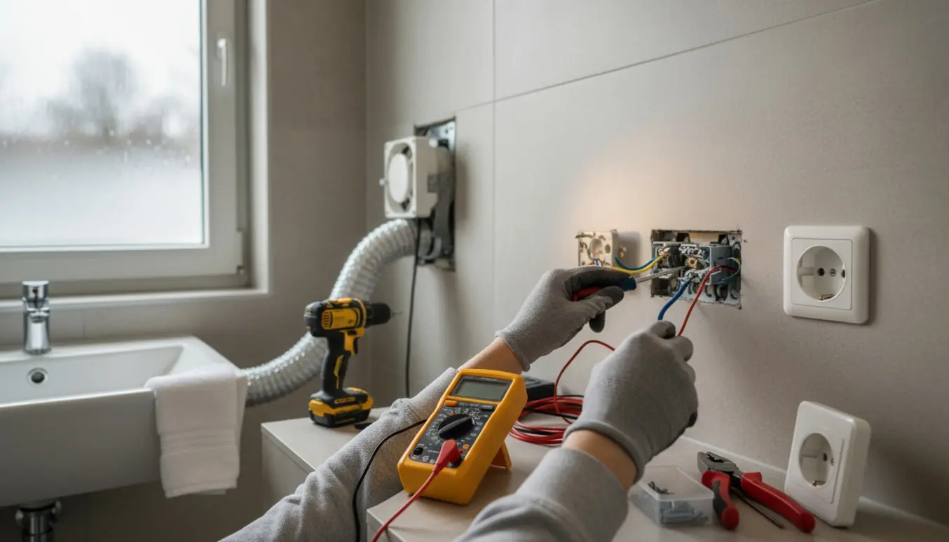 Tekniker uden synligt ansigt reparerer stikkontakt i badeværelse, mens et ventilationsudtag monteres.