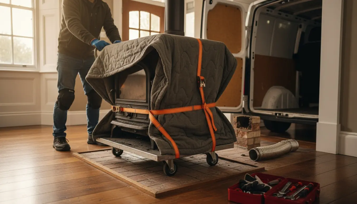 Stor støbejernsbrændeovn løftes fra en pejs og læsses på en varebil med flyttekontroludstyr.