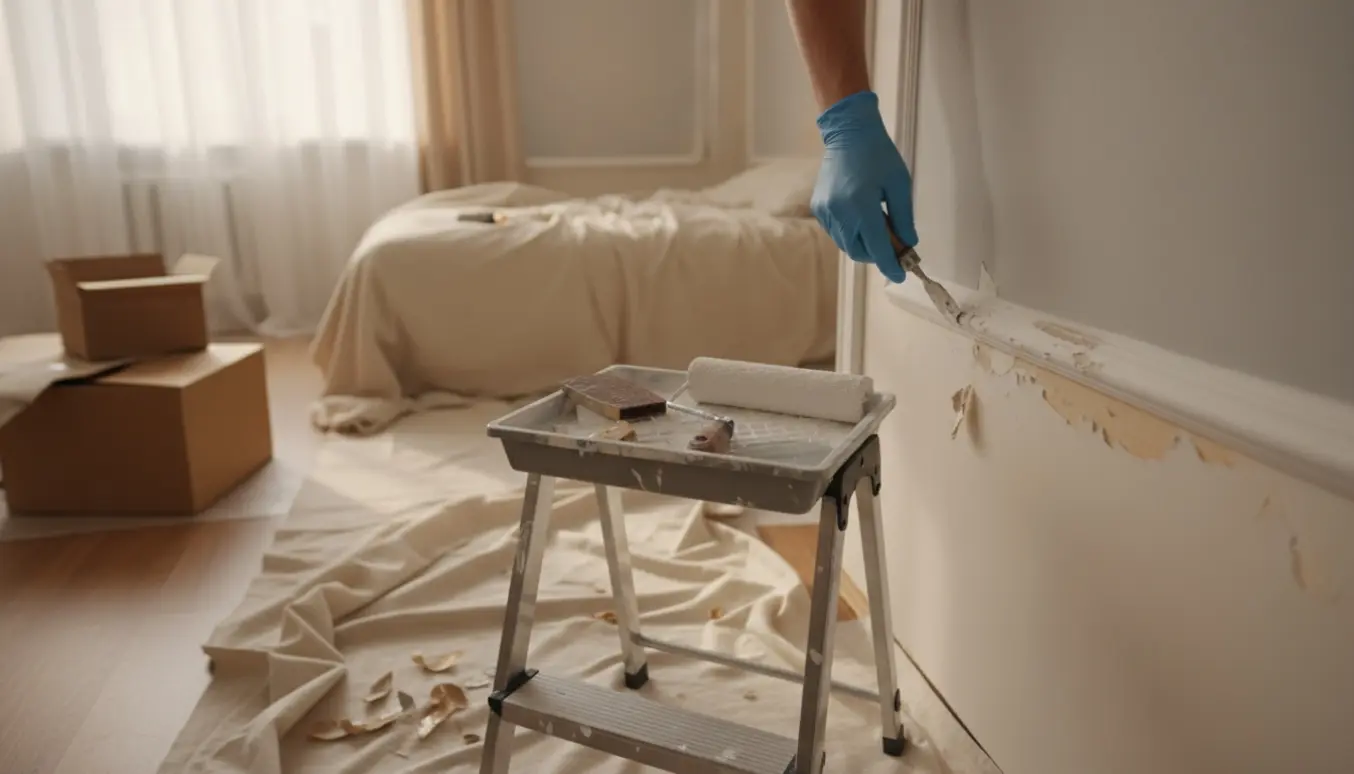 Nærbillede af et afdækket soveværelse med handskerede hænder, der skraber løs maling fra stuk før maling.