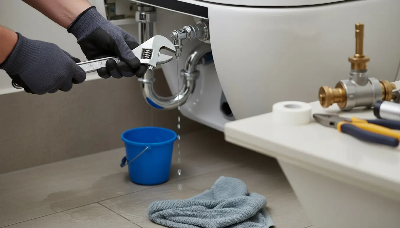 Væghængt toilet med åben cisterne, en hånd spænder en dryppende vandventil med en skruenøgle, og en balje opsamler vand.