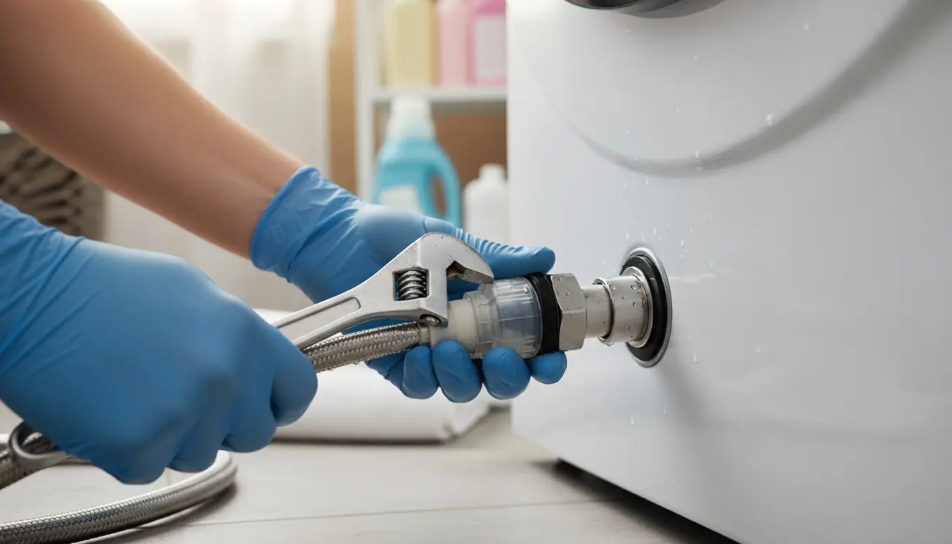 Hænder monterer aquastop-slange på vaskemaskinens bagende i et lyst, ryddeligt bryggers.