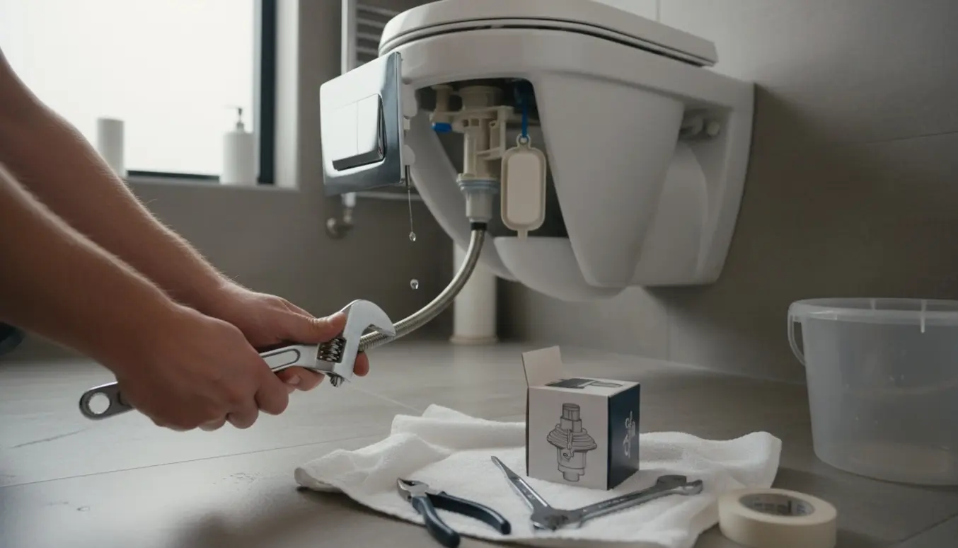 Åben indbygget cisternes adgang ved et væghængt toilet med en dryppende fyldventil og værktøj klar på gulvet.