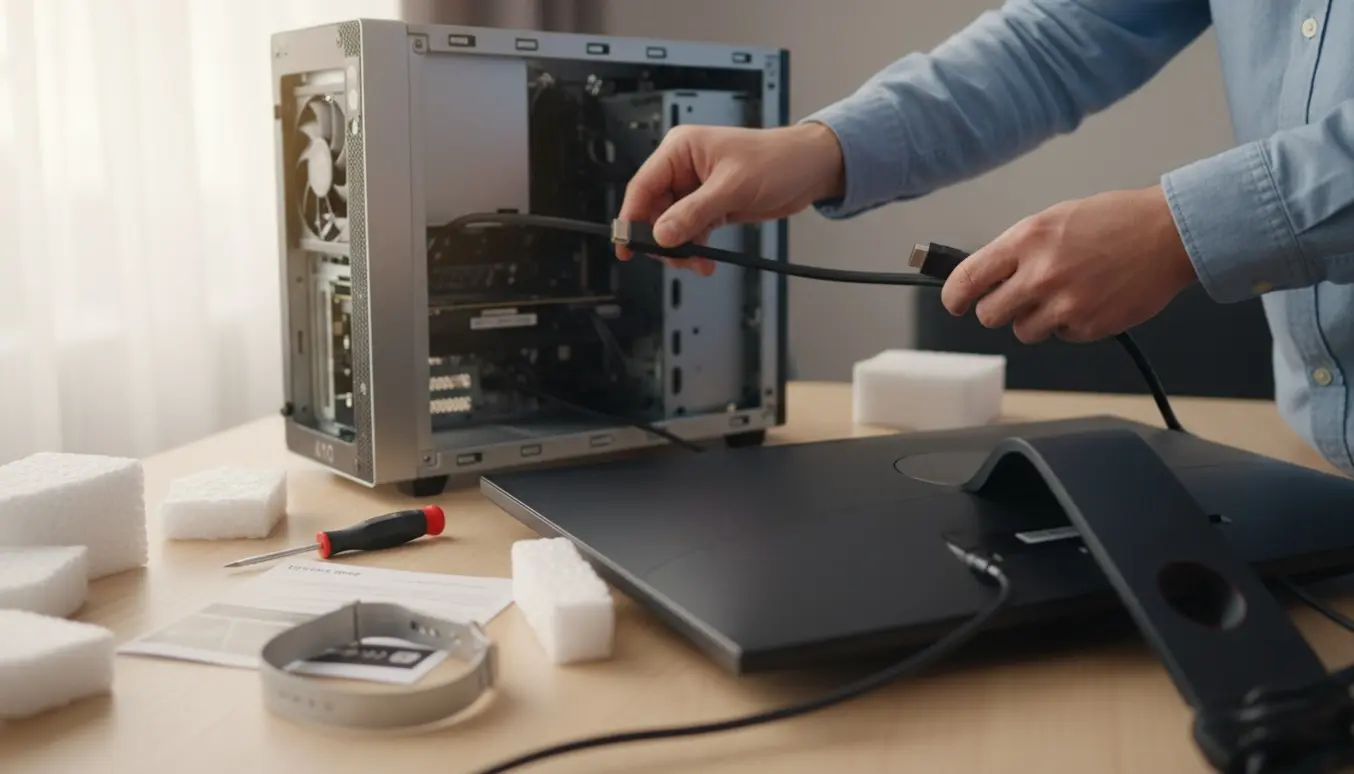 Hænder tilslutter et HDMI/DisplayPort-kabel mellem en åben pc og en skærm på et skrivebord med værktøj og emballage.