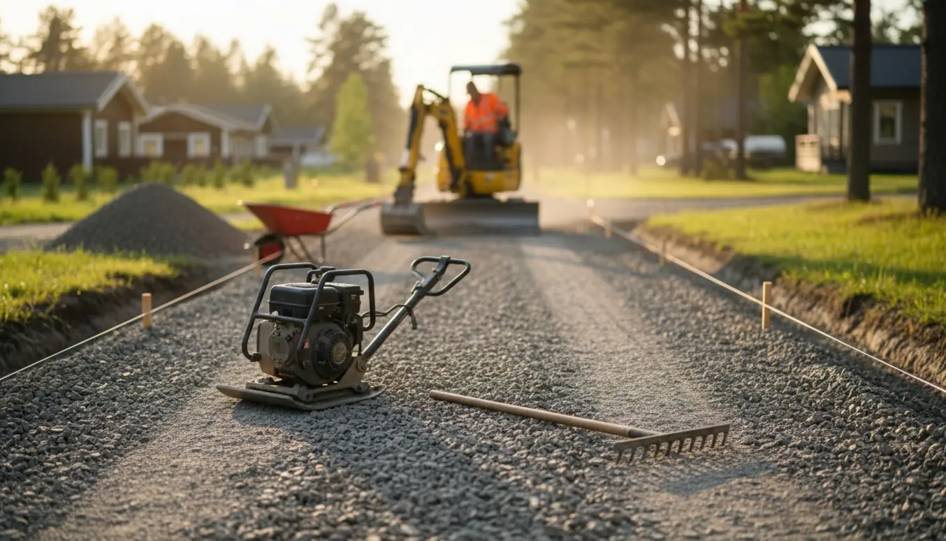 Renovering af grusvej i et sommerhusområde med gravemaskine, rive og nypåført grus for at skabe afløbshøjde.