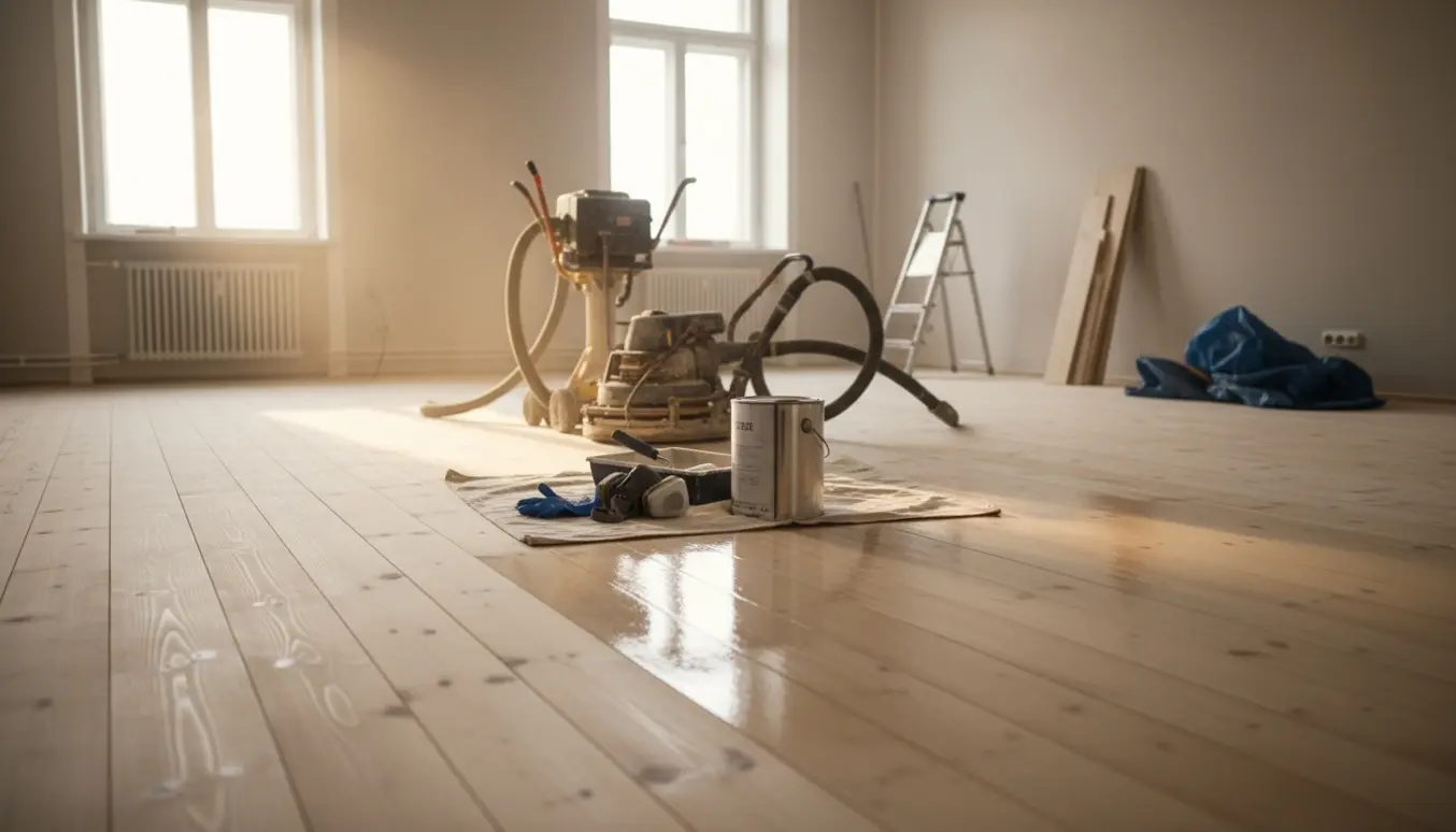 Tomme lejlighedsgulve af fyrretræ med slibemaskine, lakdåse og nylakeret skinnende område i sollys.