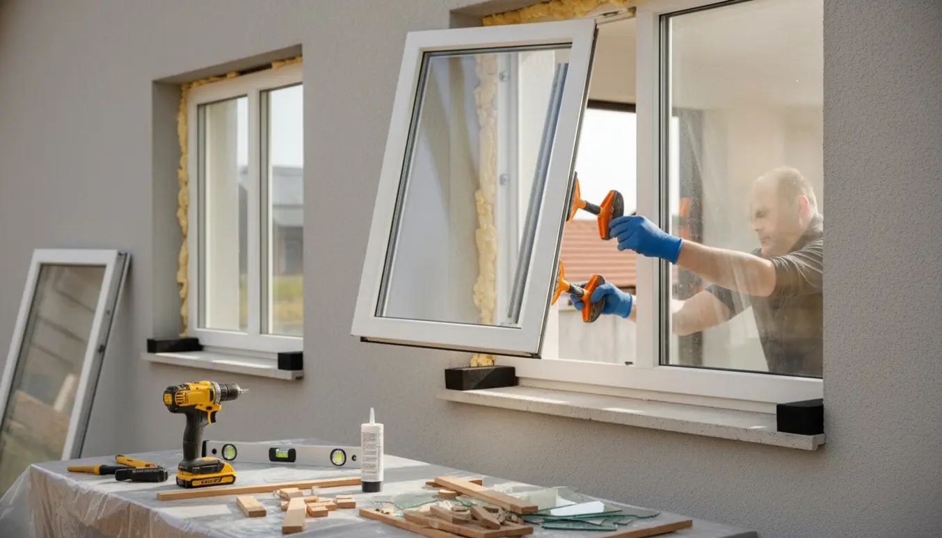 Håndværker fører et nyt 3-lags vindue ind i en eksisterende åbning med værktøj og isolering omkring.