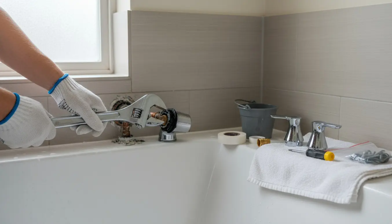 Nærbillede af hænder, der udskifter et krom badekarsarmatur med værktøj og reservedele på badekarrets kant.