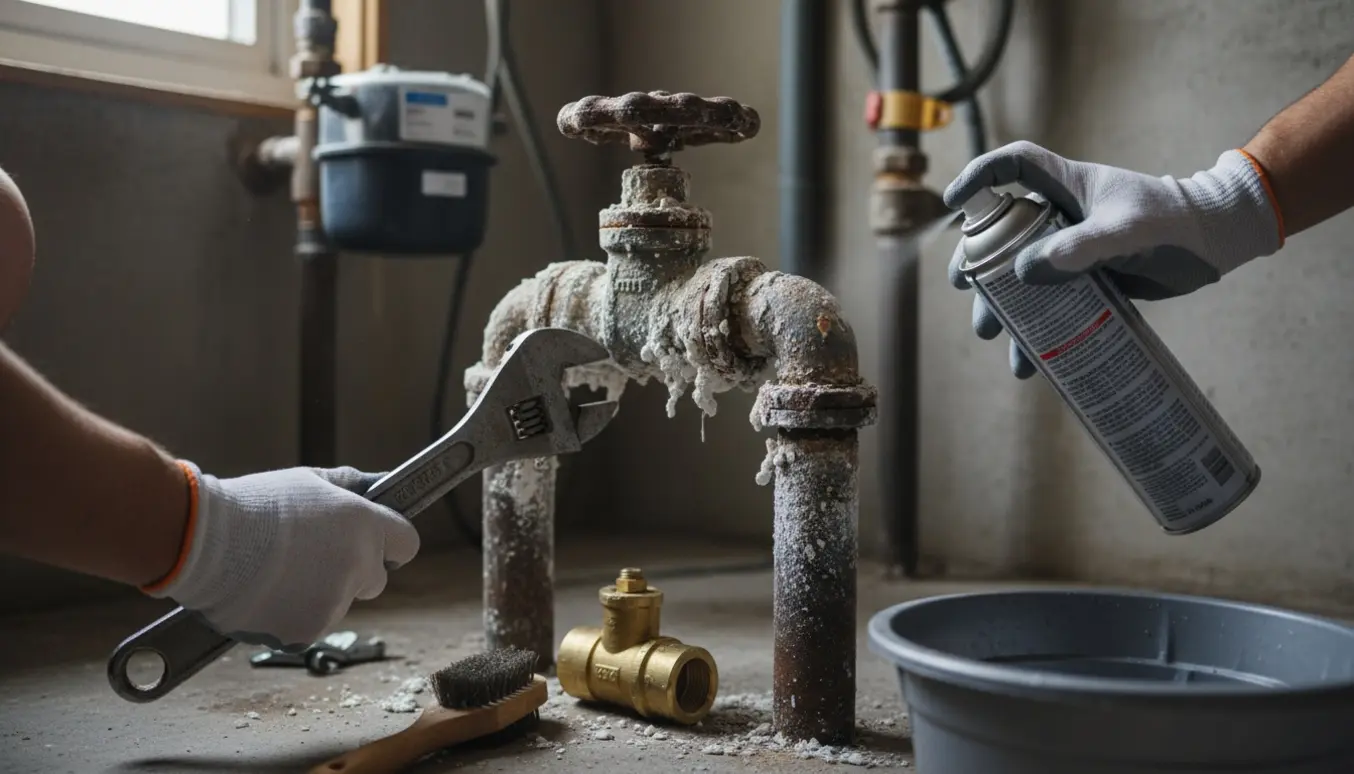 Nærbillede af en kalket og rusten afspærringsventil efter vandmåler med værktøj klar til udskiftning.