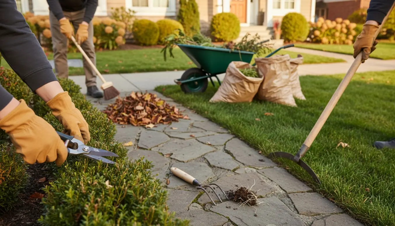 Nærbillede af havearbejde med lugning, beskæring, kantklipning og fejning af blade ved en boligsti.