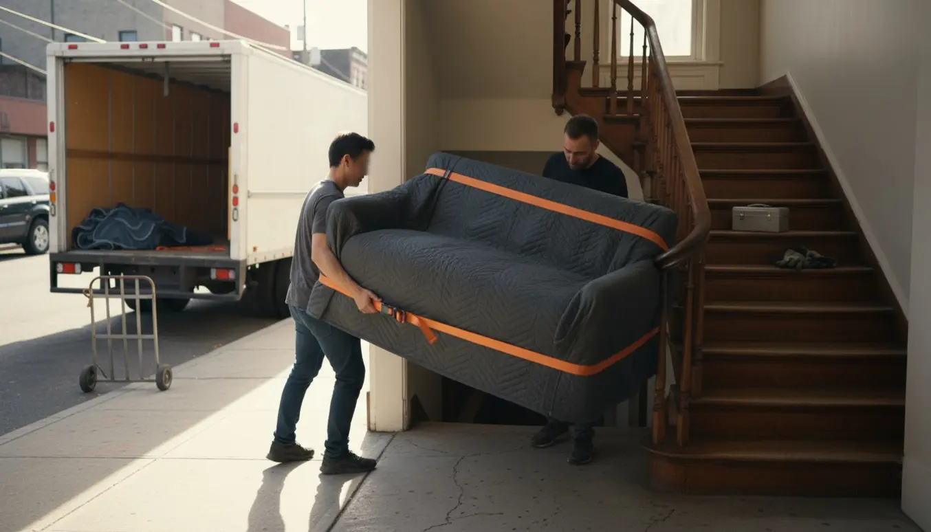 To personer bærer en sofa fra gaden op ad en trappe til 2. sal, pakket i flyttetæpper og remme.