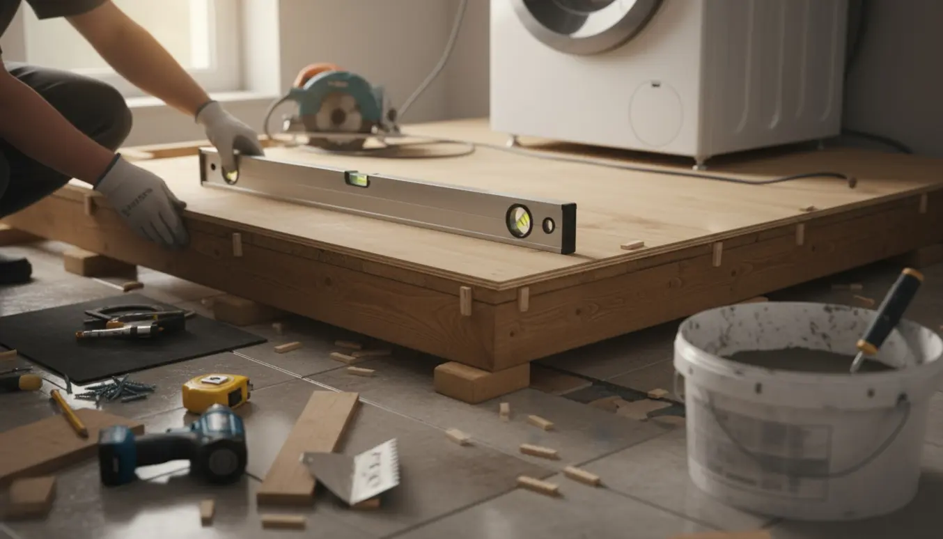 Sokkel til vaskemaskine under opbygning på ujævnt flisegulv med værktøj og hænder, der justerer niveauet.