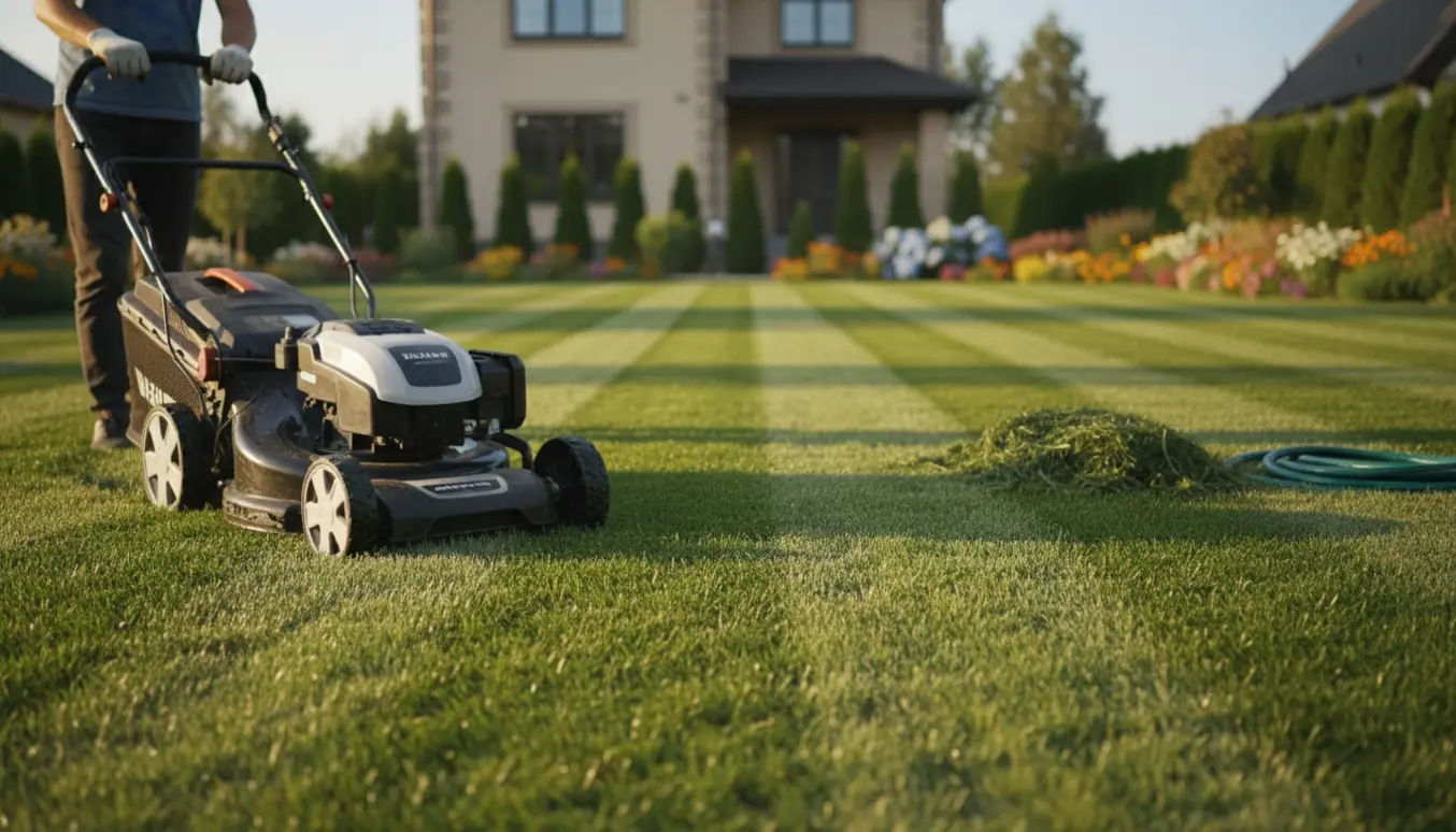 Nyklippet, stribet græsplæne med en plæneklipper i forgrunden i blødt, naturligt lys.