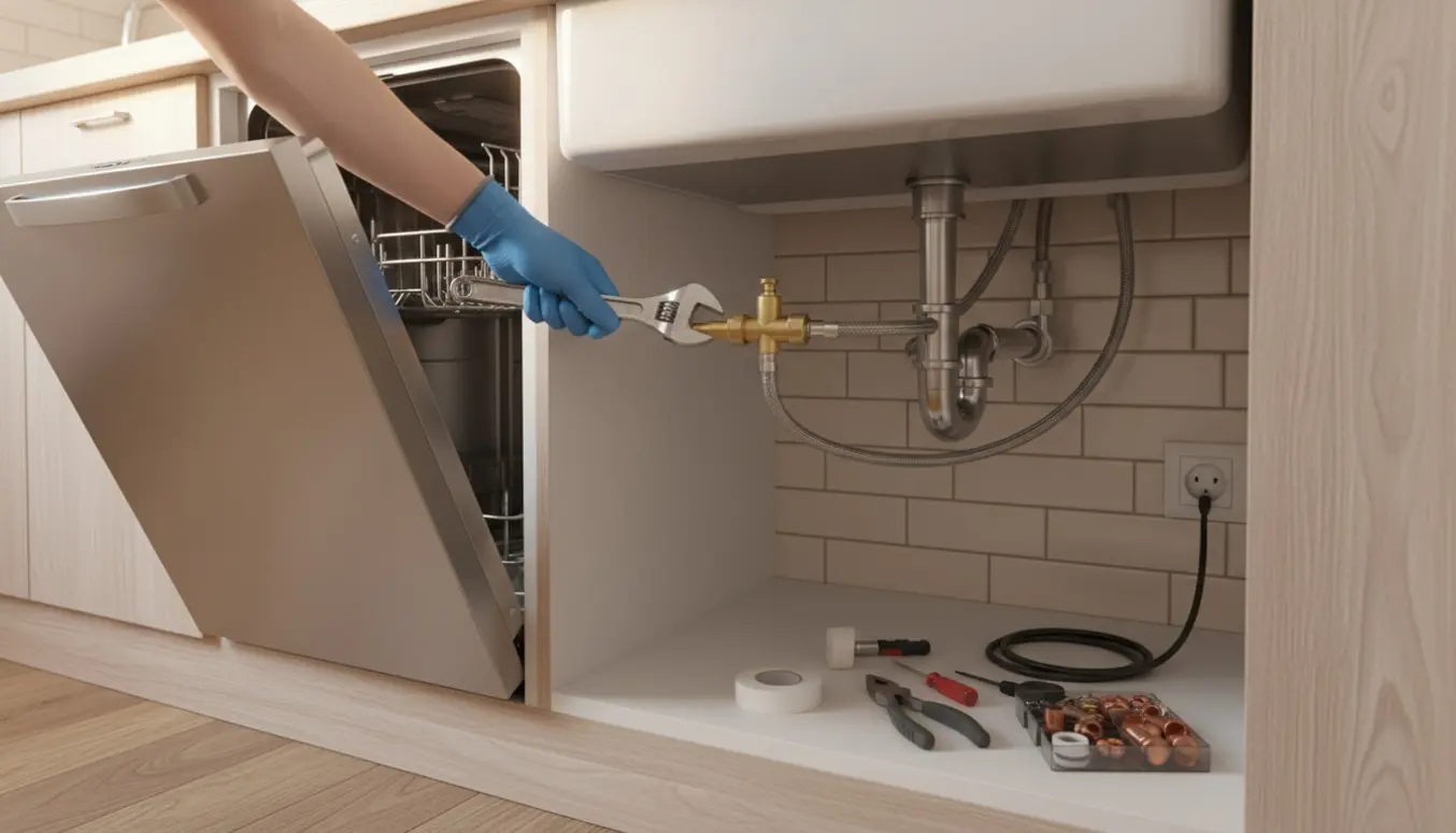 Hænder monterer opvaskemaskinens afløbsforbindelse og stopventil under køkkenvasken.