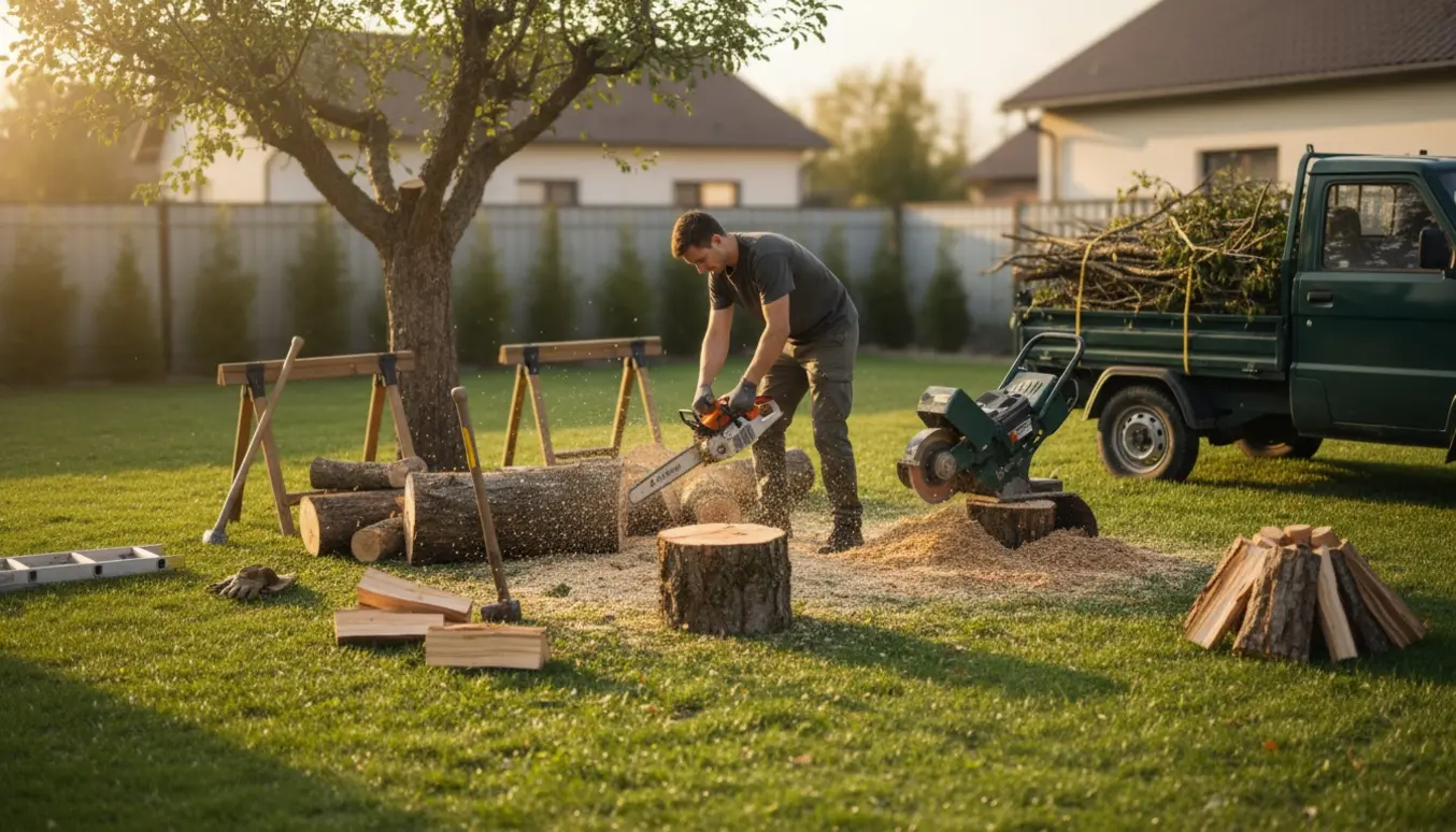 Æbletræ fældes og forarbejdes i en villahave med opstablet brænde, stubfræser og trailer klar til afhentning.