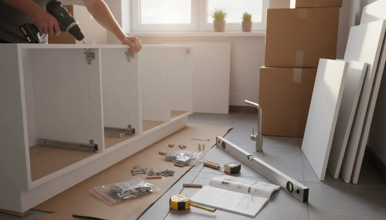 Hænder samler fladpakkede køkkenskabe med boremaskine og værktøj i et lyst køkken.