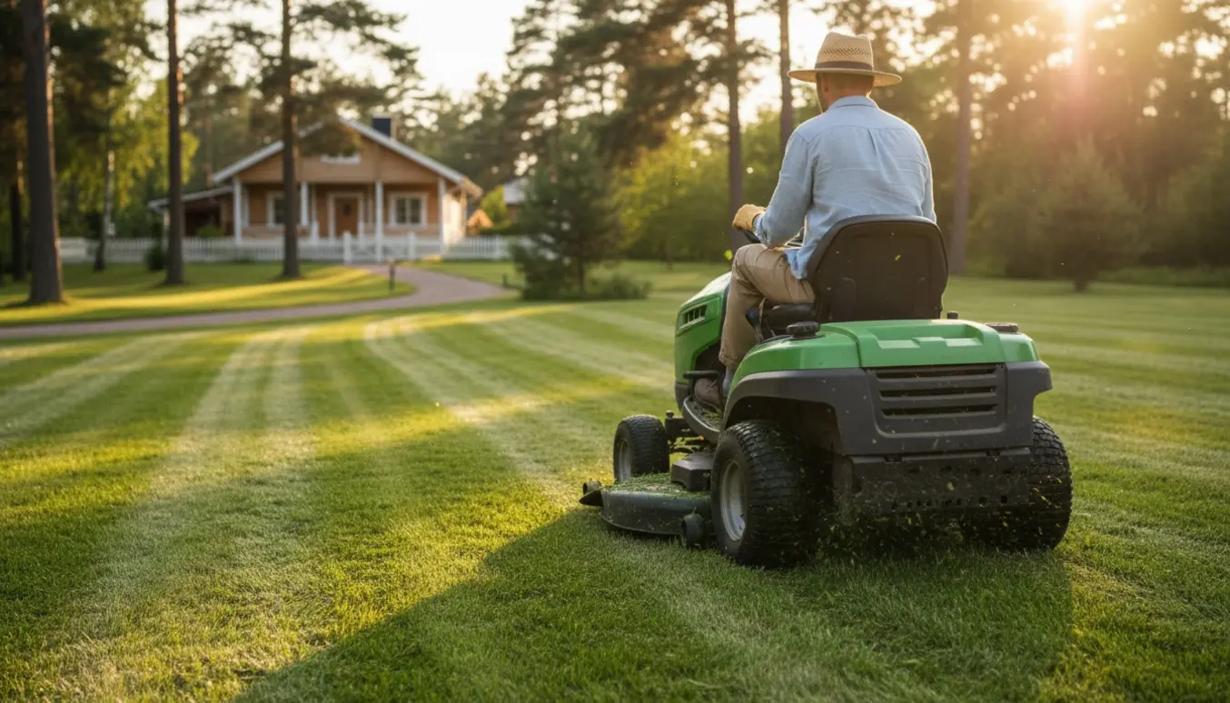 Ride-on græsslåmaskine slår stribemønstret græs foran et sommerhus i varmt eftermiddagslys.
