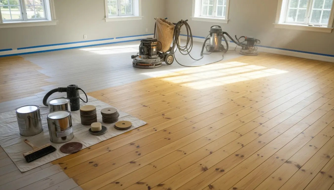 Tomt rum med delvist slebet fyrretræsgulv, gulvsliber, lud og lakværktøj.