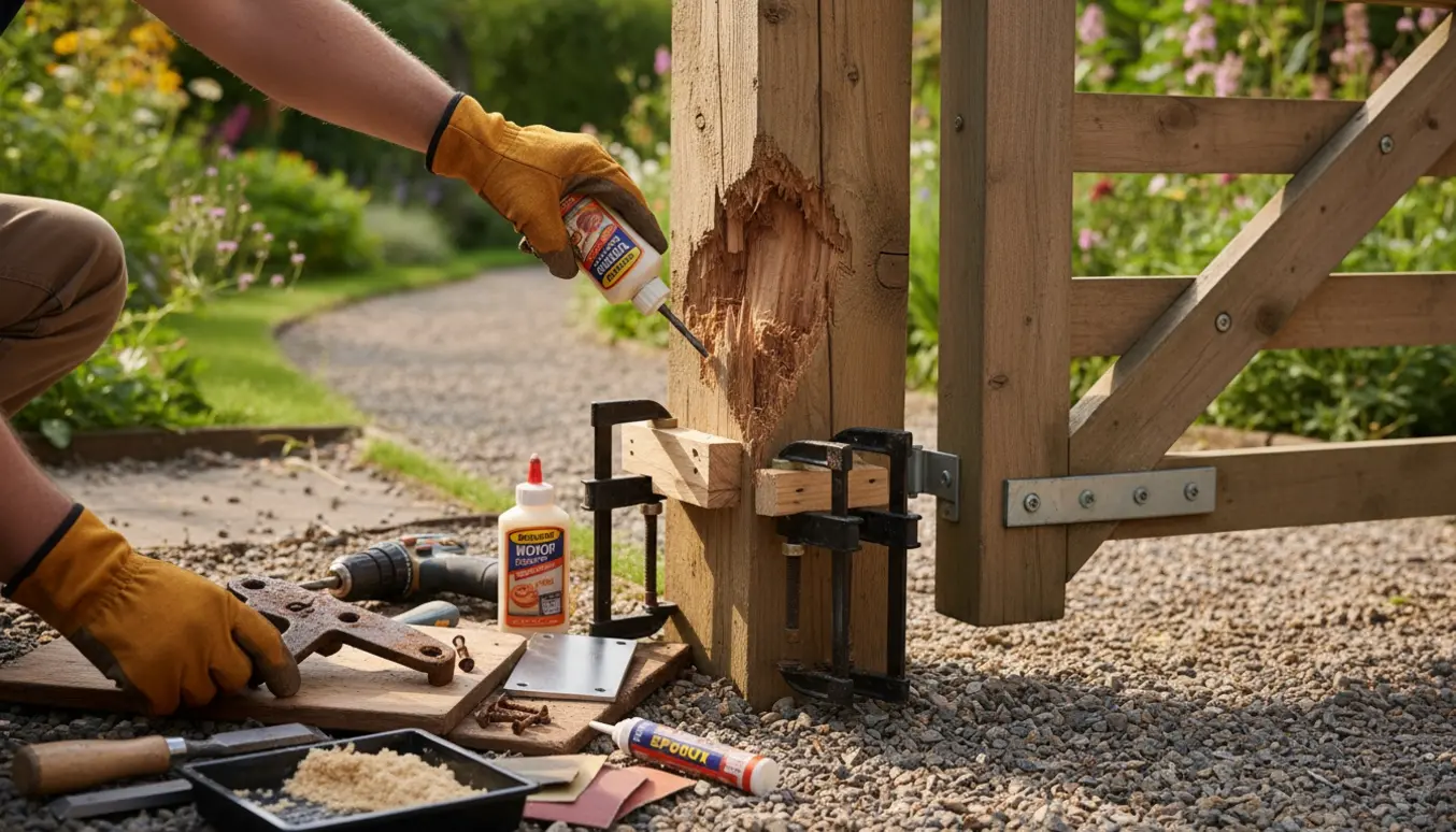 Nærbillede af en flækket hegnstolpe ved en havelåge med værktøj og reparationsmaterialer klar.