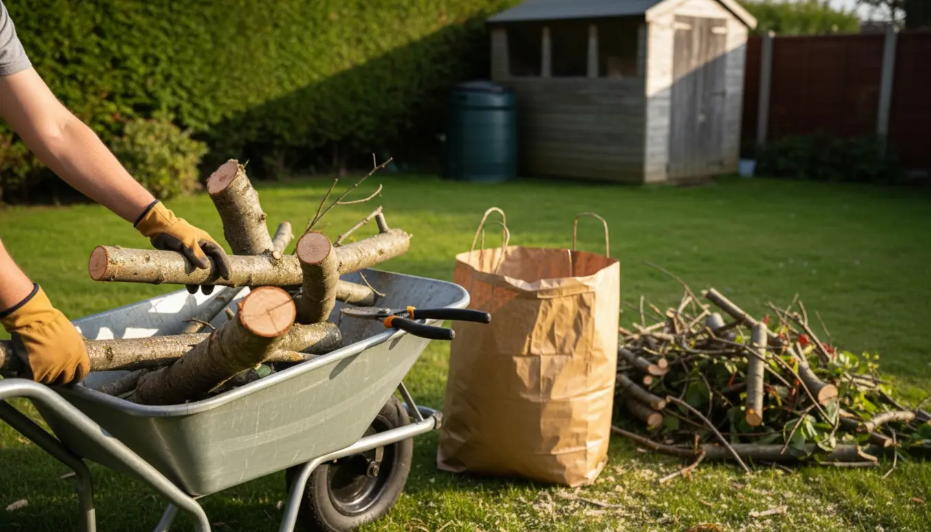 Nærbillede af handsker, savede grene og en trillebør fyldt med haveaffald i en have.