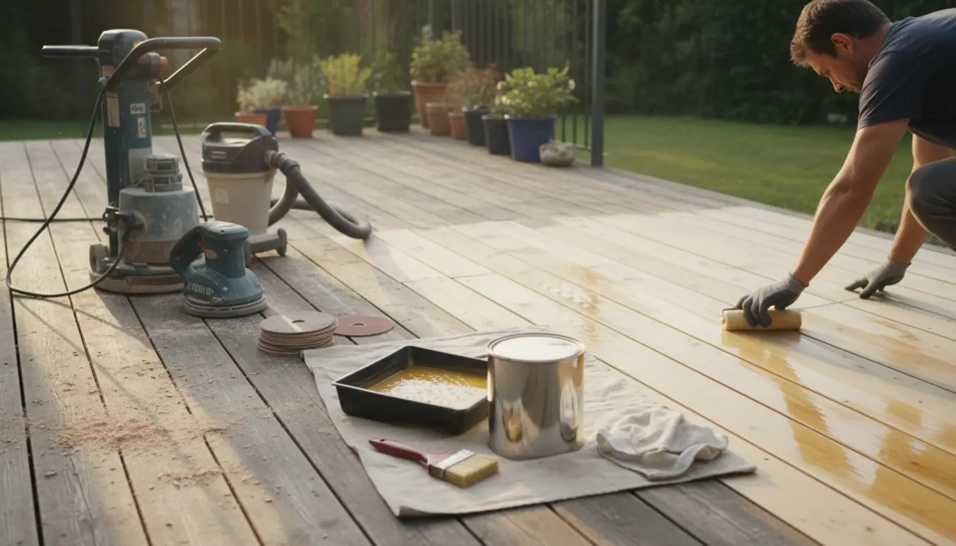 Stor træterrasse under slibning og efterbehandling med lak/olie, med tydelig før-og-efter-kontrast.