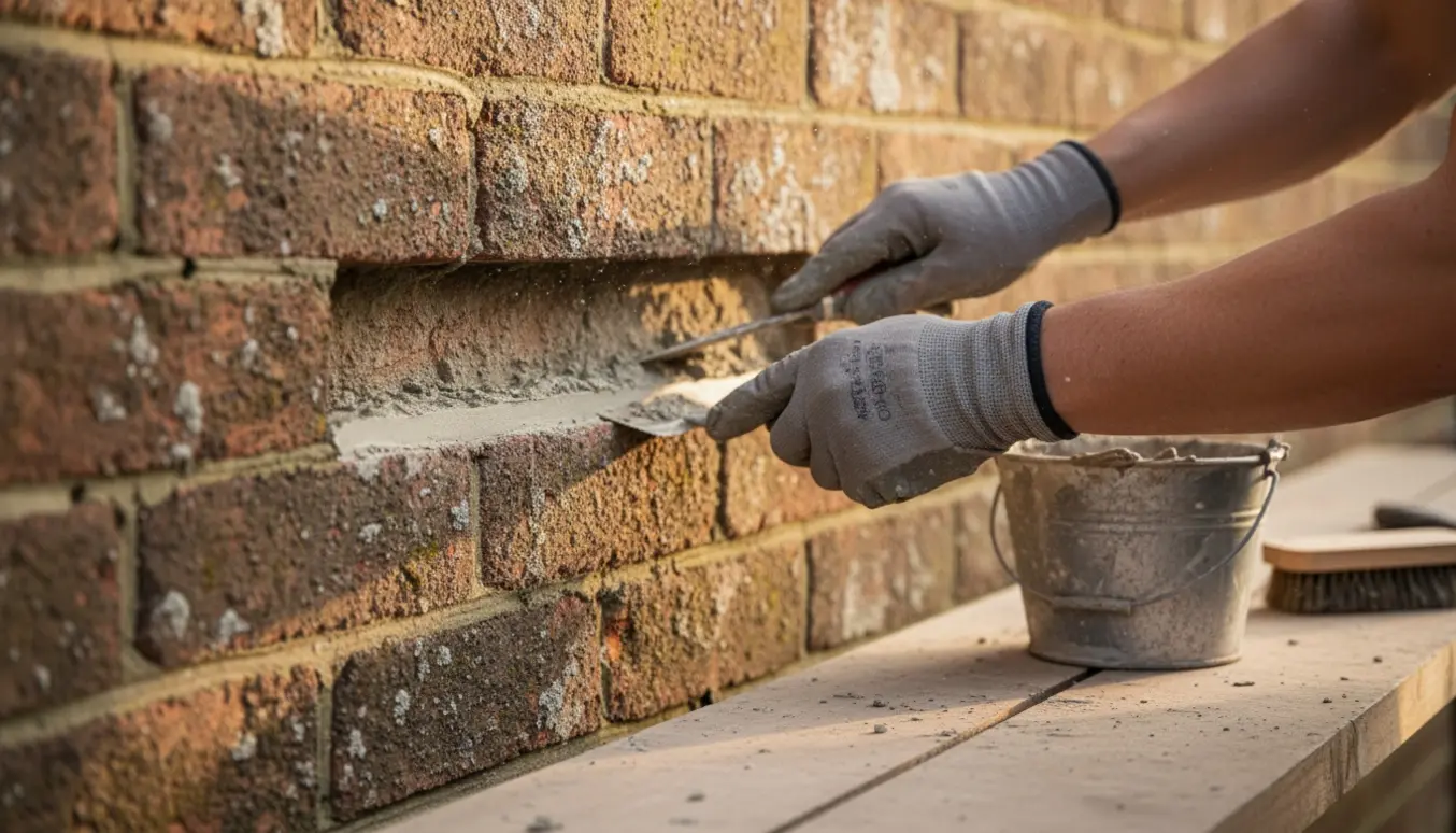 Nærbillede af udkradsning og efterfugning af en rød murstensmur med frisk mørtel.