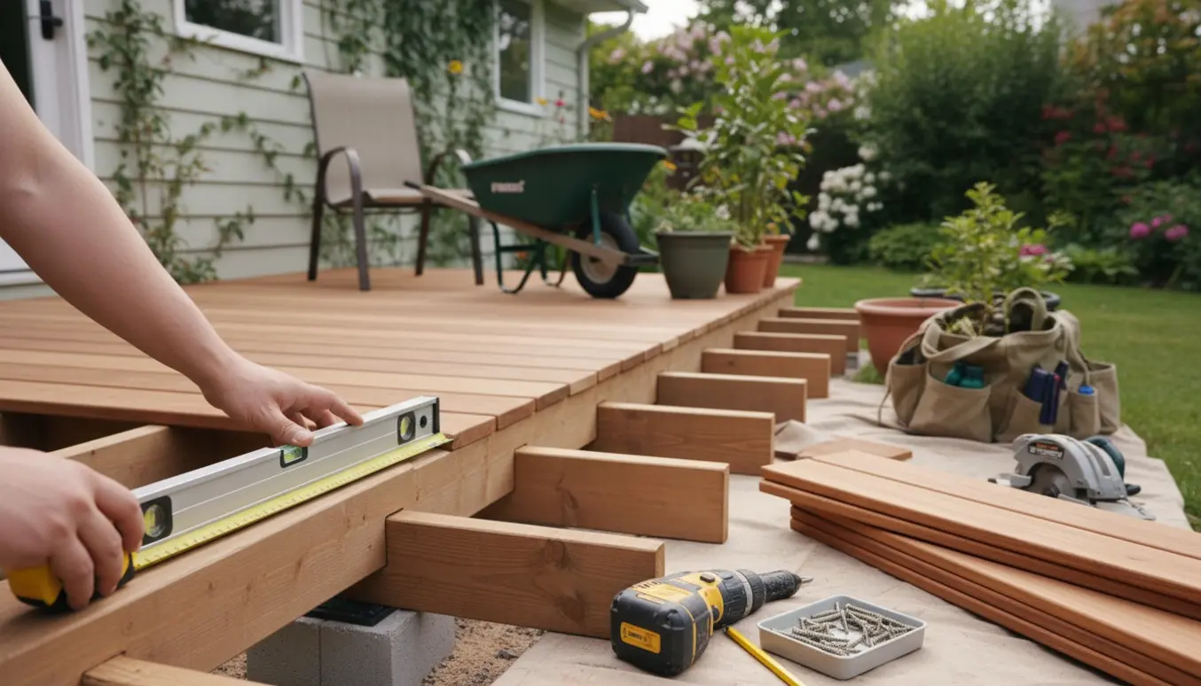 Hænder måler og monterer nye terrassebrædder under udvidelse af en terrasse.