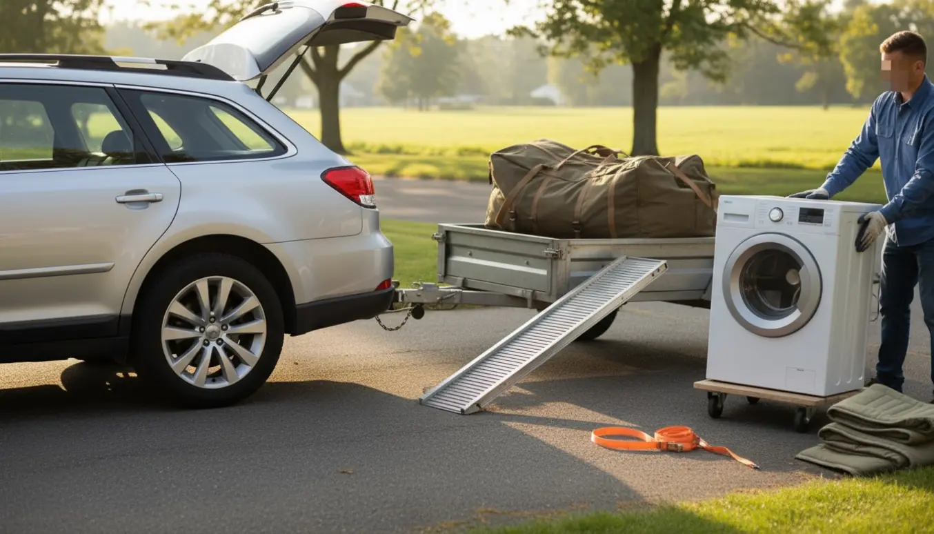 Stationcar med trailer, telt og en vaskemaskine på flyttedolly klar til afhentning.