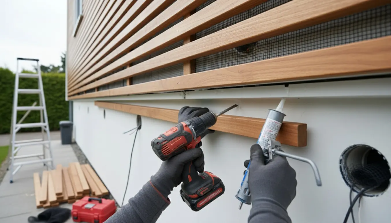 Nærbillede af opsætning af lægter ved husfacade med insektnet og fugearbejde.