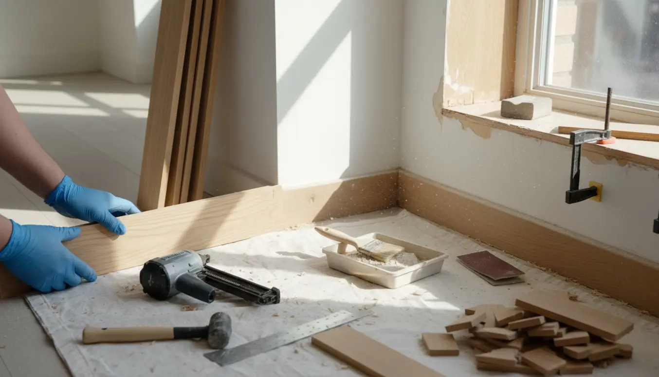 Nærbillede af montering af nye fodpaneler og reparation af en slidt vindueskarm i en lys lejlighed.