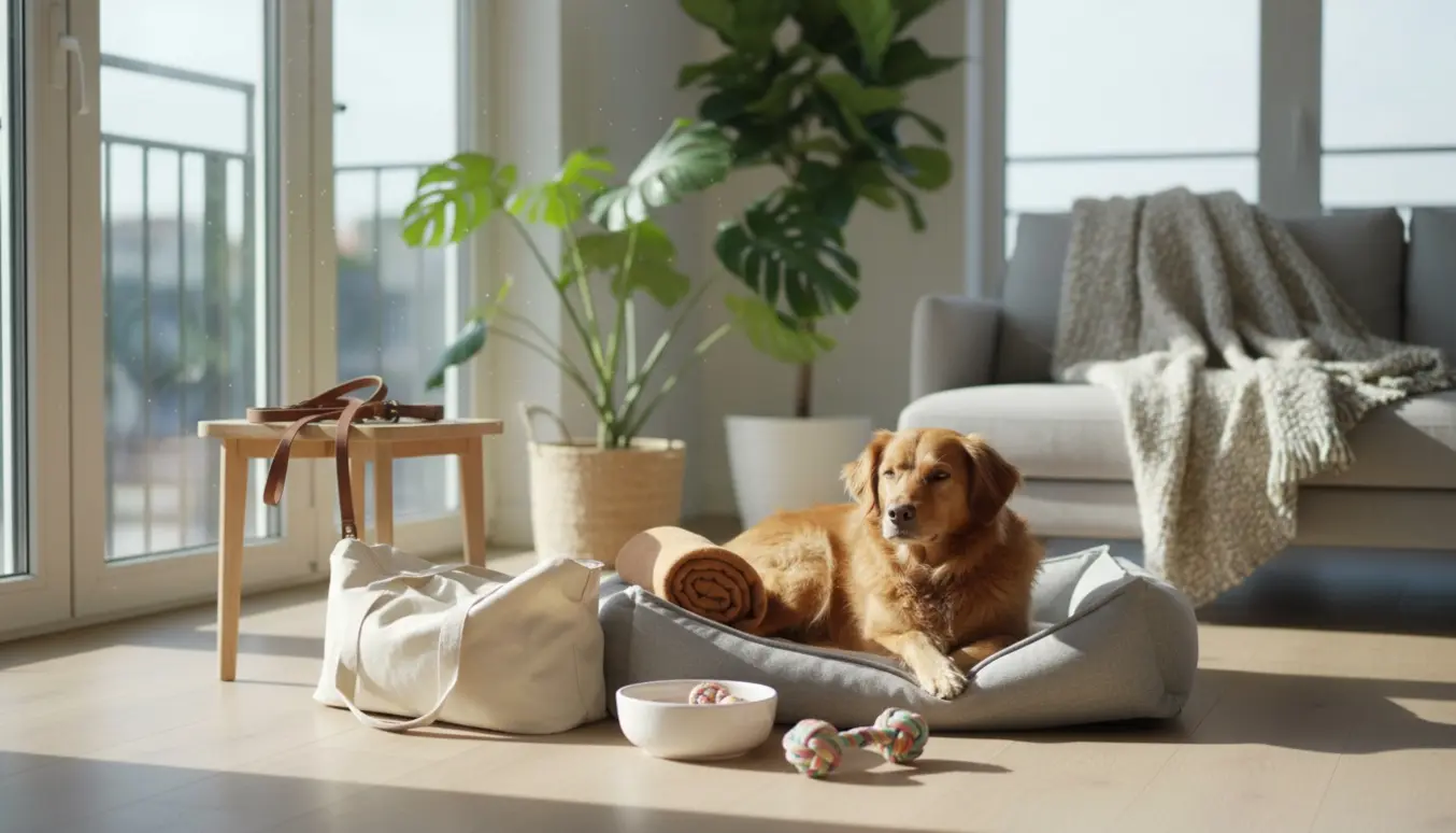 En rolig, moden hund ligger på en hundeseng i en lys, skandinavisk stue med oppakning og hundelegetøj.