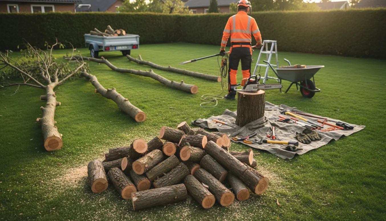 Store afskårne trægrene, værktøj og en trailer i en have efter beskæring, uden synlige ansigter.