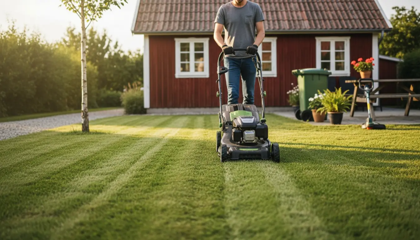 En person klipper græs foran et rødt sommerhus med friske striber på plænen.