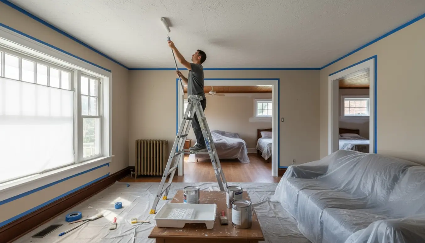 En maler på en stige maler et hvidt loft med rulle, mens møbler er dækket af plast i et lyst rum.