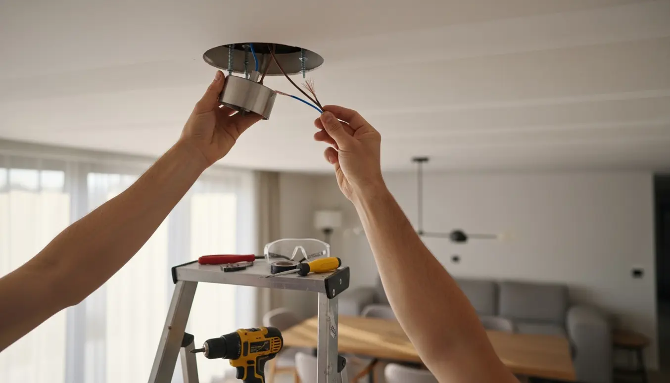 Hænder monterer en pendel lampe i et gipsloft med stige og værktøj.