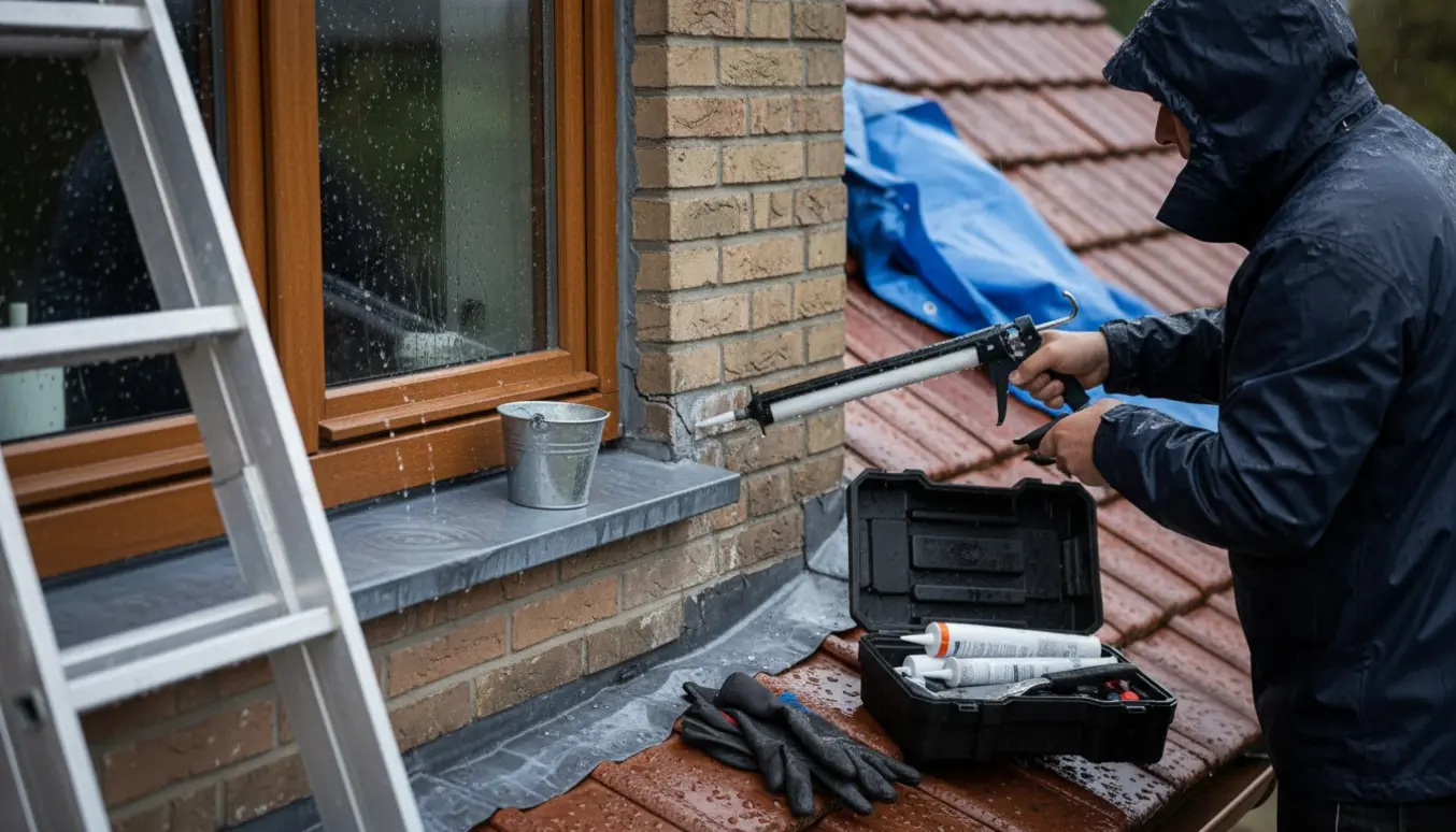 En tekniker inspicerer en utæt vinduesramme på taget i let regn med dryppende vand og tætningværktøj.