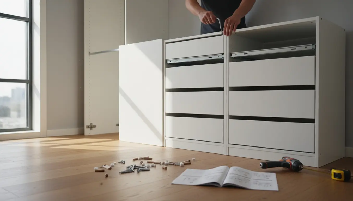 Nærbillede af samling af en tilpasset PAX-reol med hænder, værktøj og åbne skabe i et lyst rum.