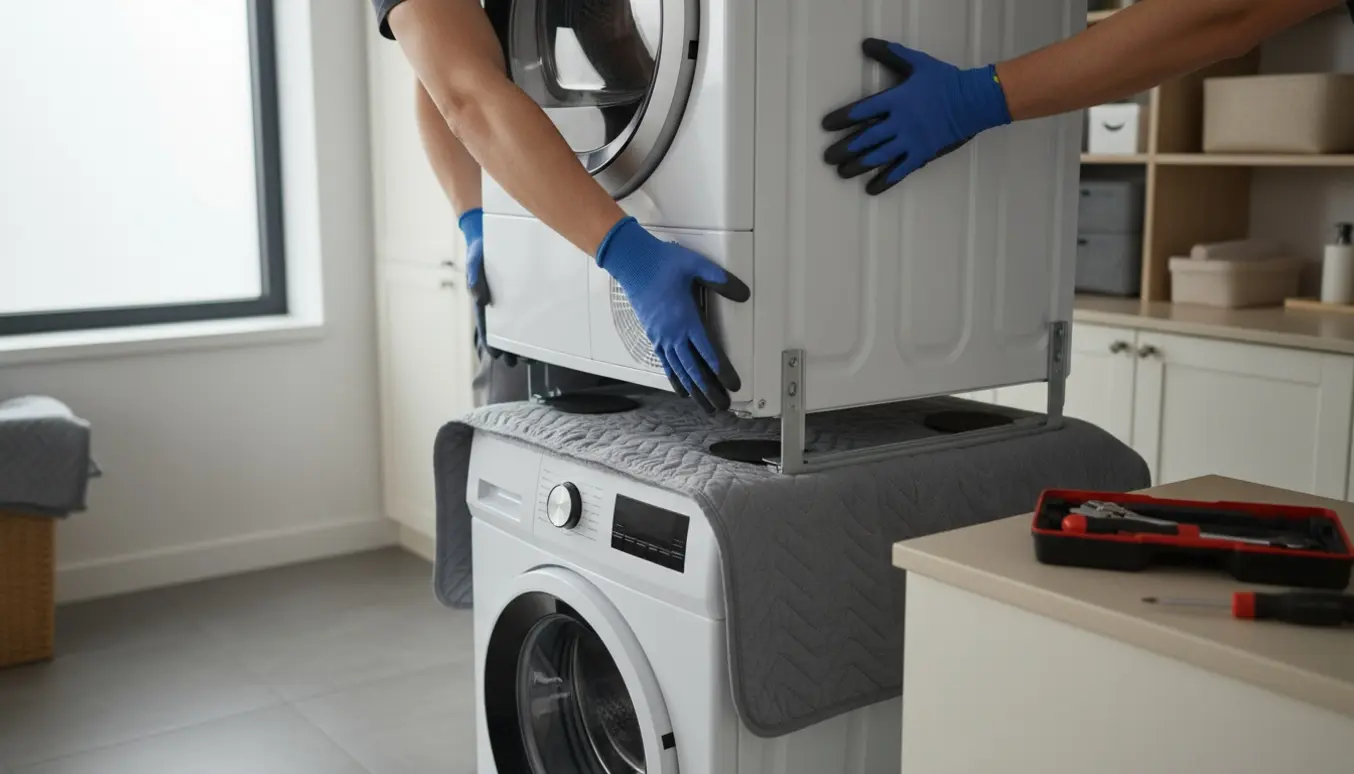 To personer løfter en tørretumbler på plads oven på en vaskemaskine i et lyst, ryddeligt bryggers.