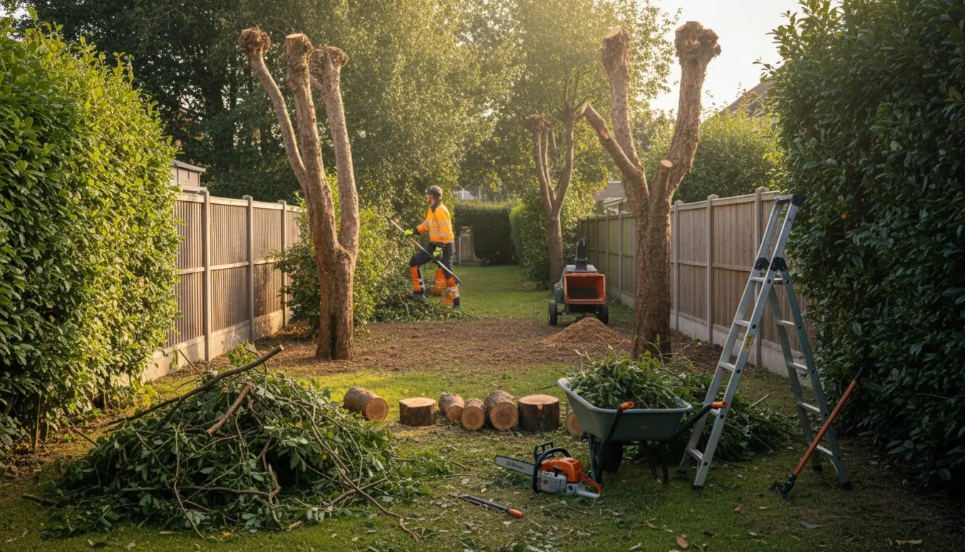 Smal, soloplyst grund mellem to grunde med beskårede træer, stabler af stammer og afklippede grene klar til brænde.