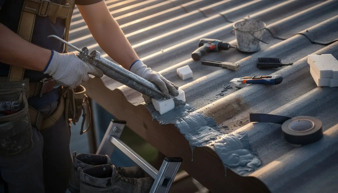 Håndværker tætner et utæt bølgeformet tag og placerer skumbølgeklodser langs tagrillerne.