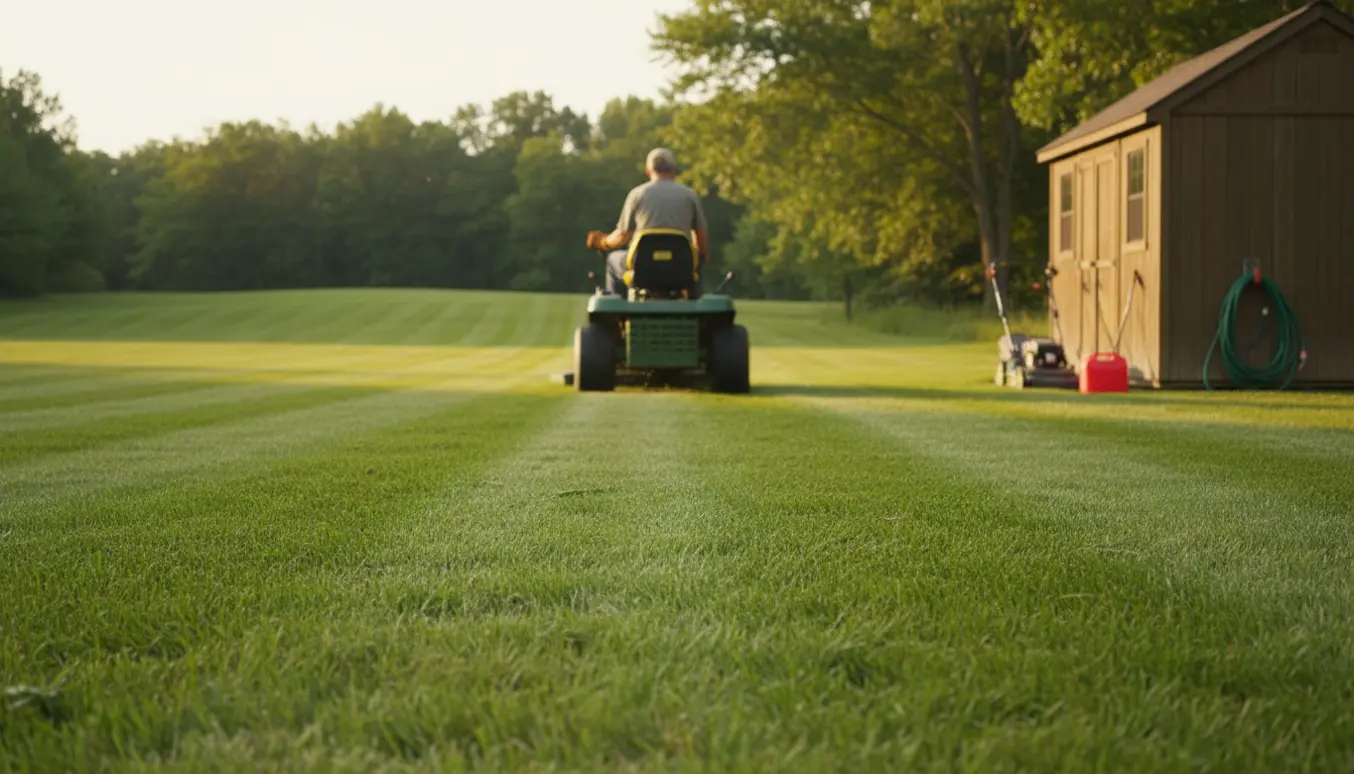 En havetraktor slår en stor grøn græsplæne i gyldent lys med nyslået græs og haveværktøj ved et skur.