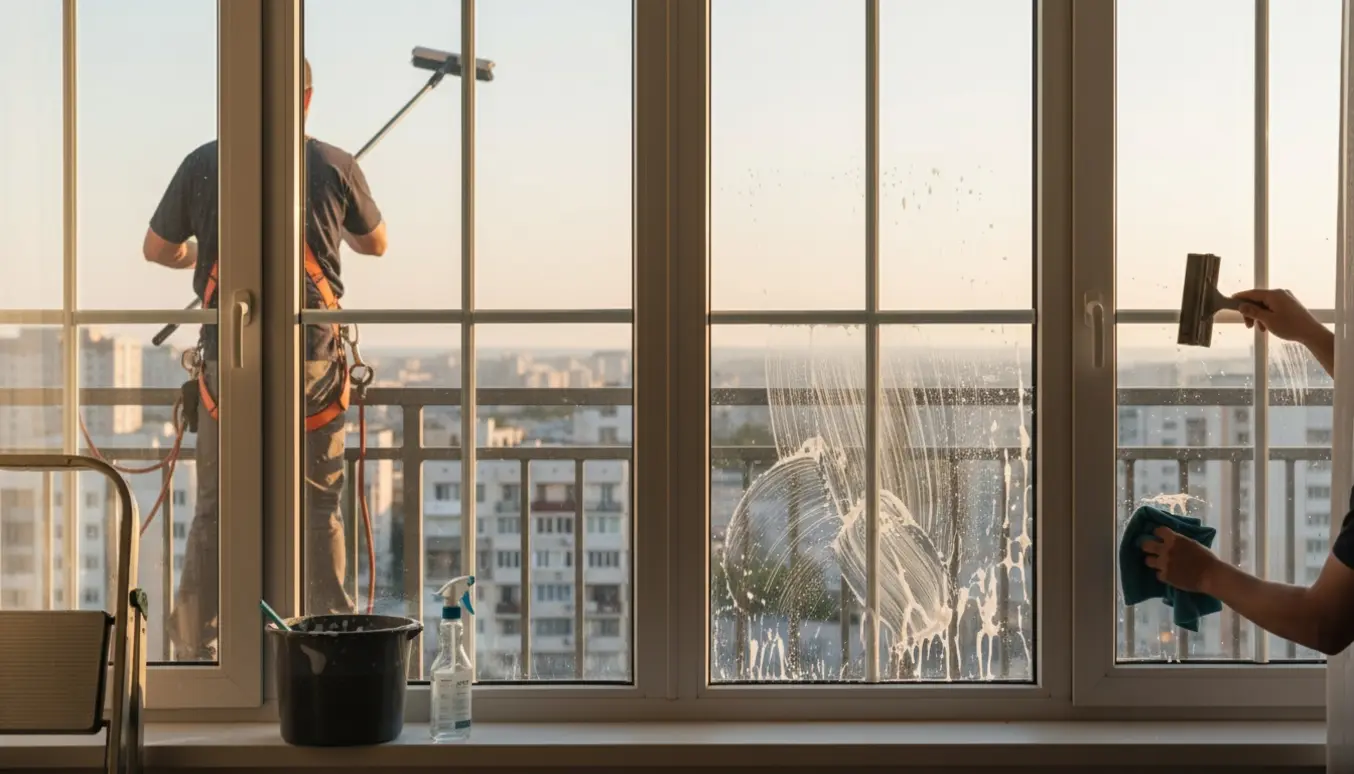 Vinduespudsning på femte sal med indvendig og udvendig rengøring af fire-fags og to-fags vinduer.