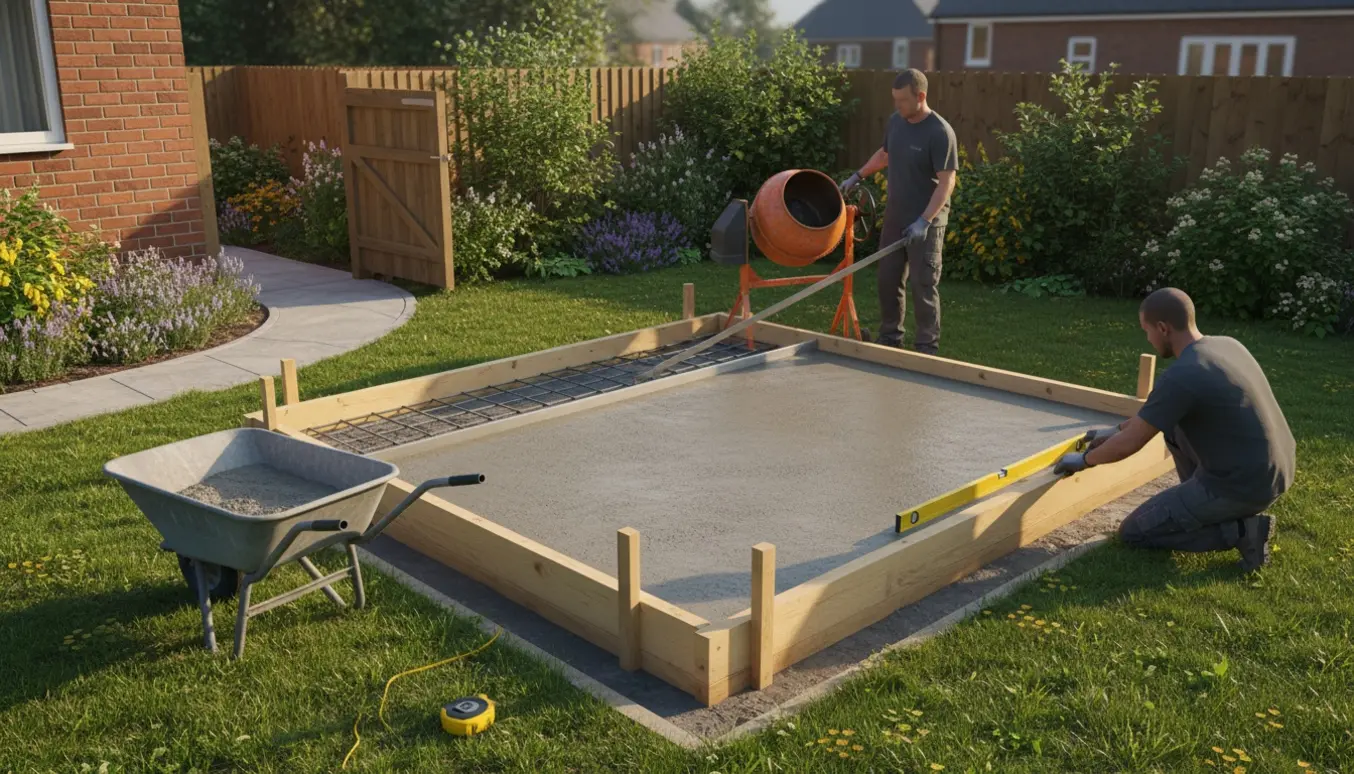 Frisk udlagt betonfundament til en lille udestue med formbrædder, armeringsnet og værktøj i en have med åben adgang.